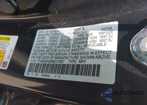 2024 Honda Cr-V Sport из США, поврежденный, VIN 7FARS6H59RE073567